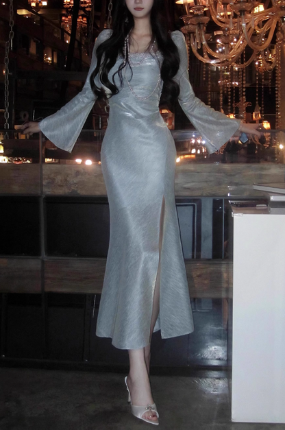 French Square Neck Bubble Long Sleeve Dress Fishtail Dress Party Dress ED01120