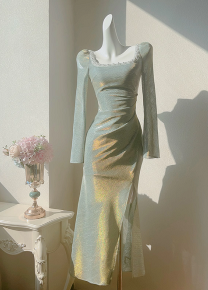 French Square Neck Bubble Long Sleeve Dress Fishtail Dress Party Dress ED01120