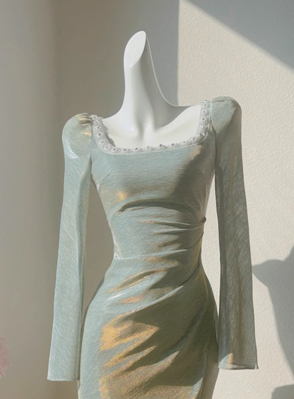 French Square Neck Bubble Long Sleeve Dress Fishtail Dress Party Dress ED01120