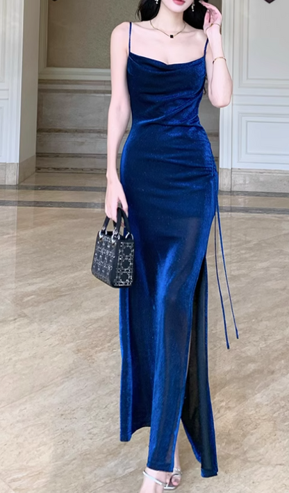 Shiny silk slim suspender dress, blue party dress ED01121