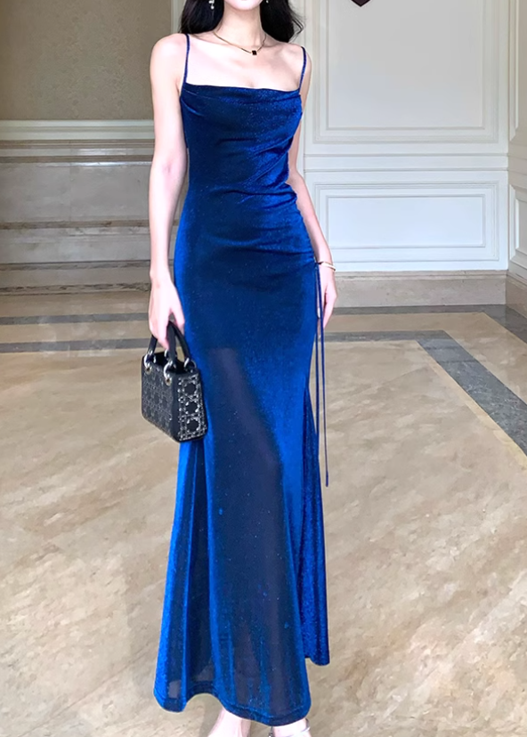 Shiny silk slim suspender dress, blue party dress ED01121
