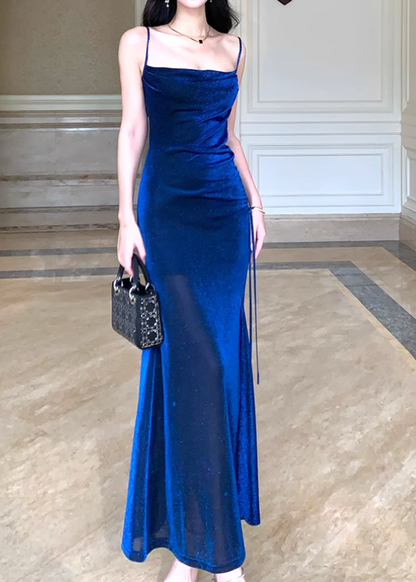 Shiny silk slim suspender dress, blue party dress ED01121