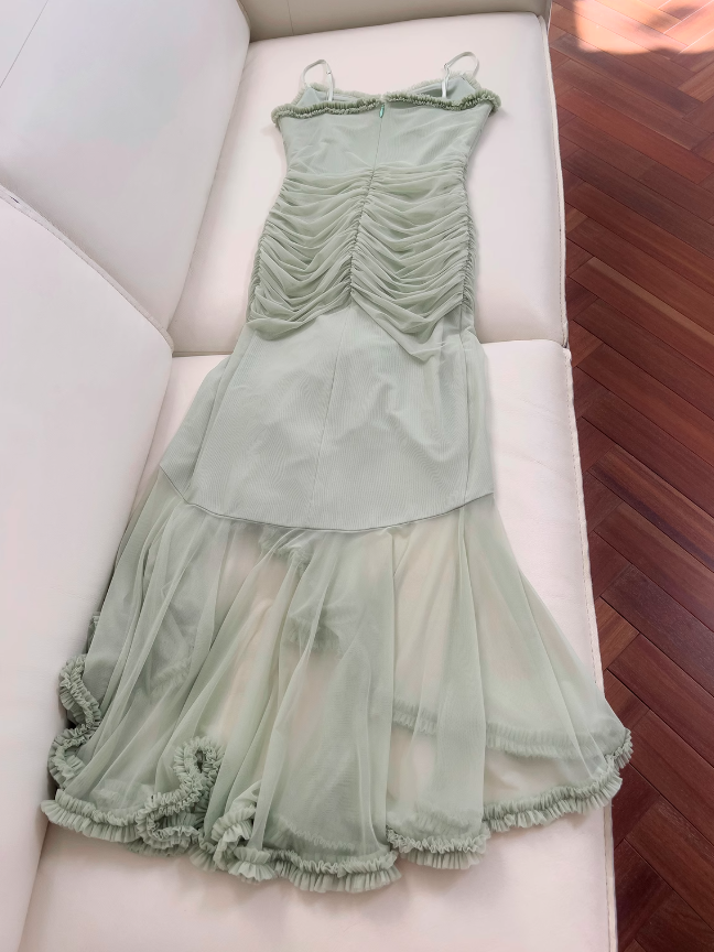 Pea green suspender long dress ED01122