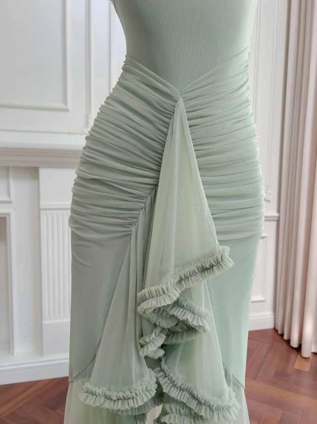 Pea green suspender long dress ED01122