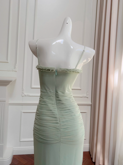 Pea green suspender long dress ED01122