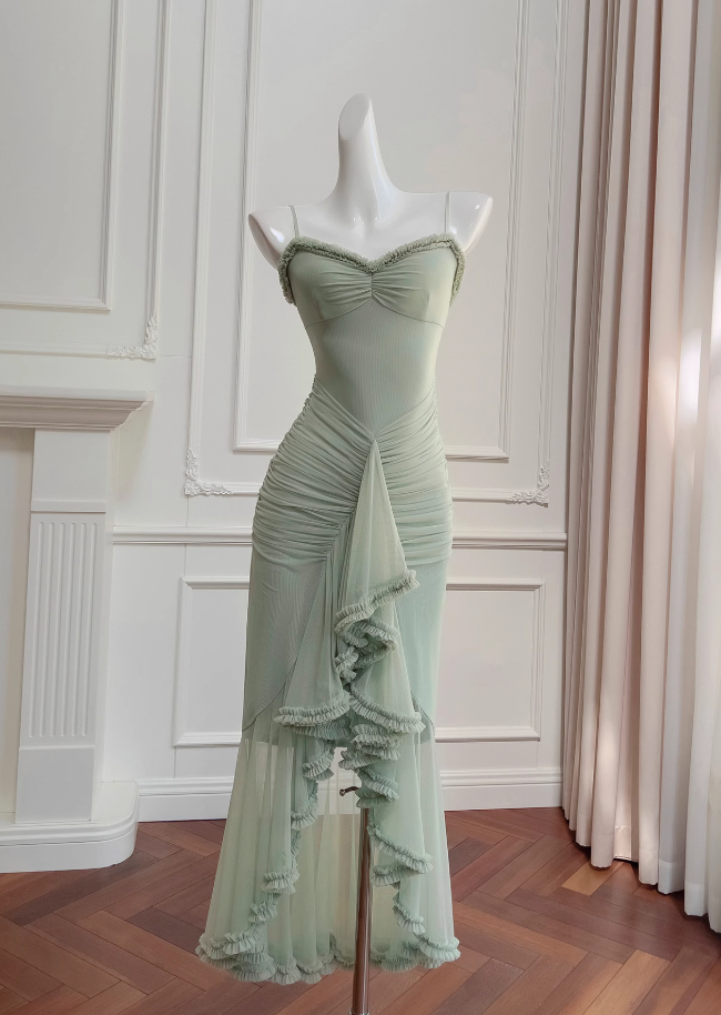 Pea green suspender long dress ED01122