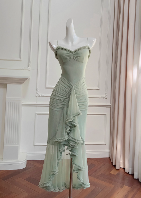 Pea green suspender long dress ED01122