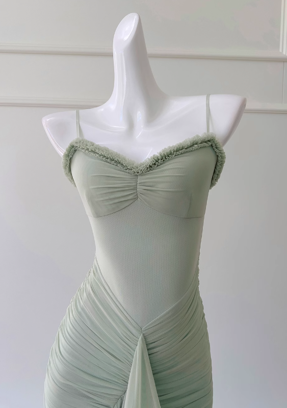 Pea green suspender long dress ED01122