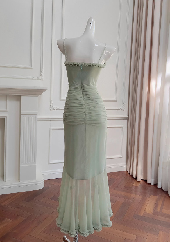 Pea green suspender long dress ED01122