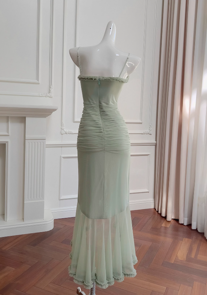 Pea green suspender long dress ED01122