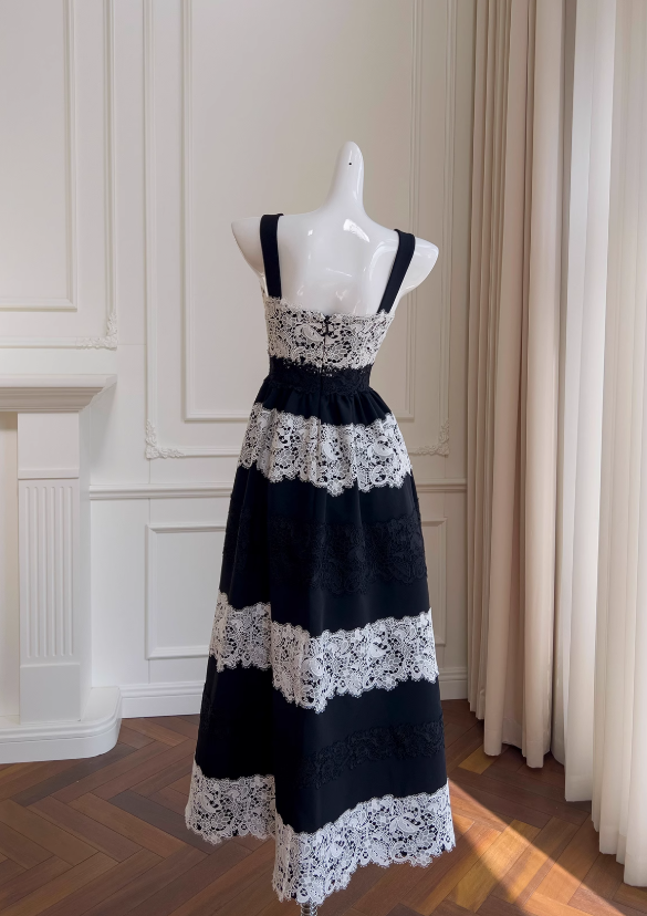 Black lace stitching suspender long dress ED01124