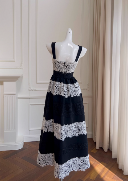 Black lace stitching suspender long dress ED01124