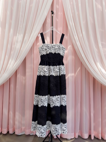 Black lace stitching suspender long dress ED01124