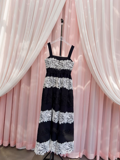 Black lace stitching suspender long dress ED01124