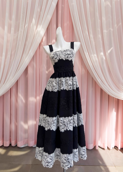 Black lace stitching suspender long dress ED01124