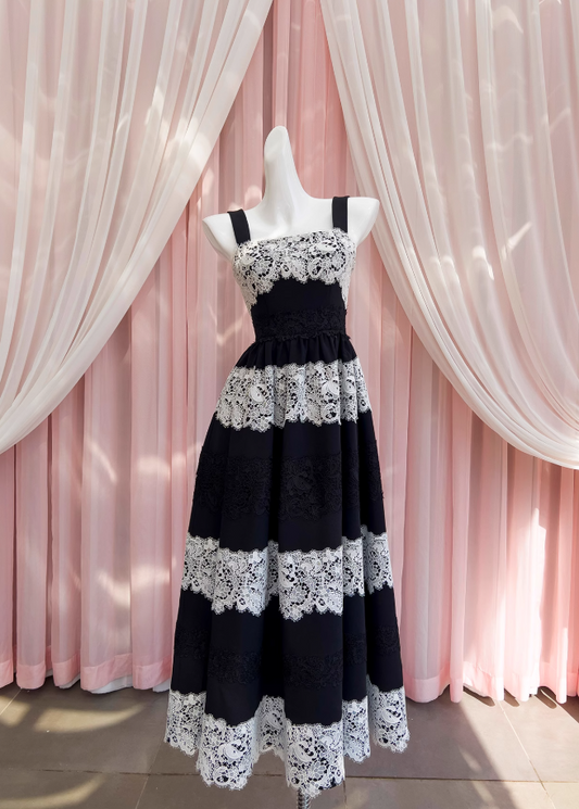 Black lace stitching suspender long dress ED01124