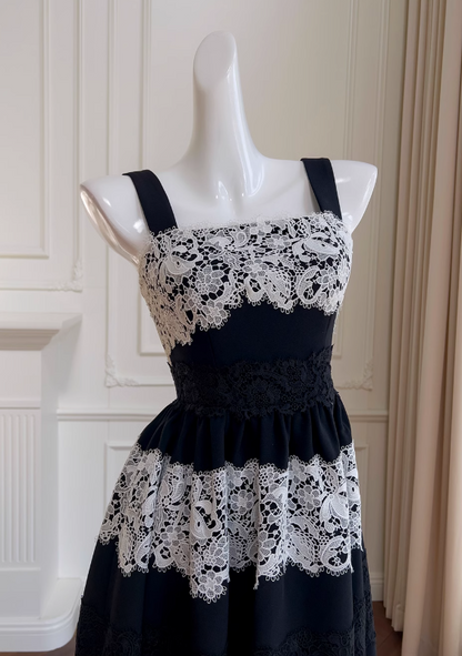 Black lace stitching suspender long dress ED01124