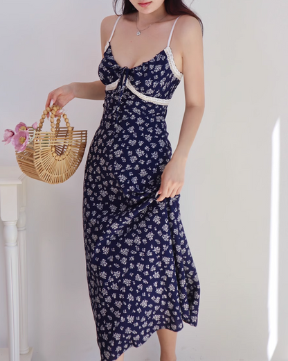French V-neck navy blue floral retro lace suspender long skirt ED01125