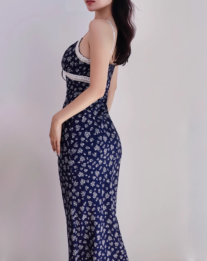 French V-neck navy blue floral retro lace suspender long skirt ED01125