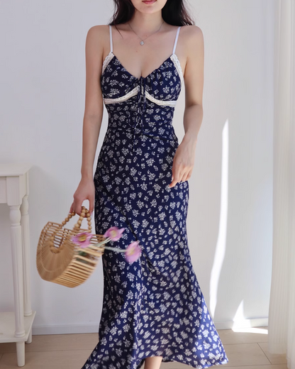 French V-neck navy blue floral retro lace suspender long skirt ED01125