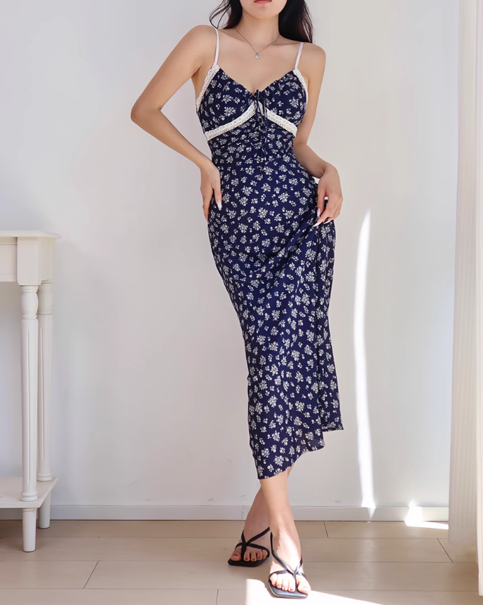 French V-neck navy blue floral retro lace suspender long skirt ED01125