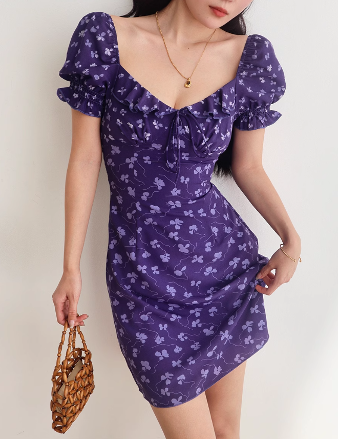 Purple floral square neck puff sleeve A-line short dress ED01127