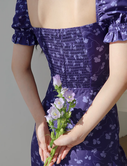 Purple floral square neck puff sleeve A-line short dress ED01127