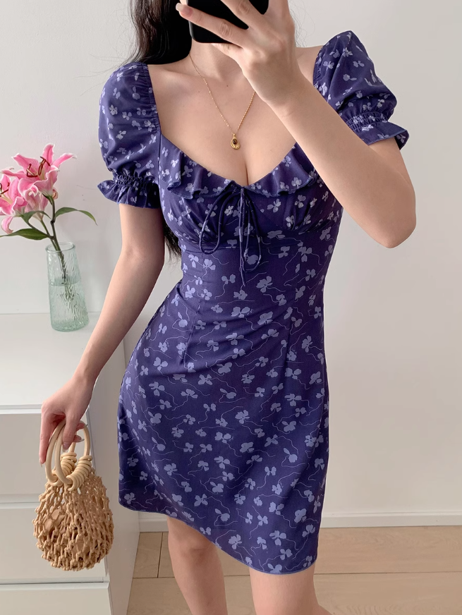 Purple floral square neck puff sleeve A-line short dress ED01127