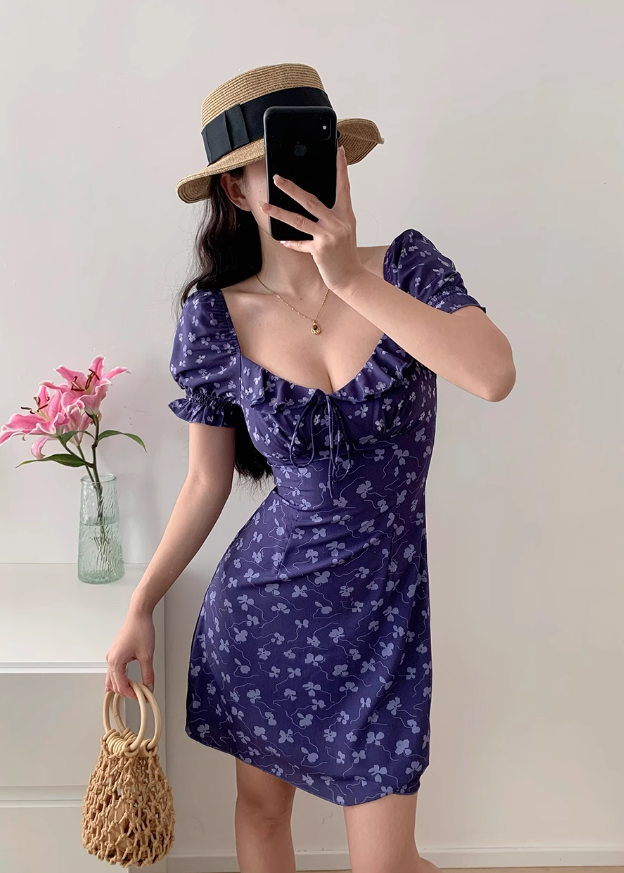Purple floral square neck puff sleeve A-line short dress ED01127