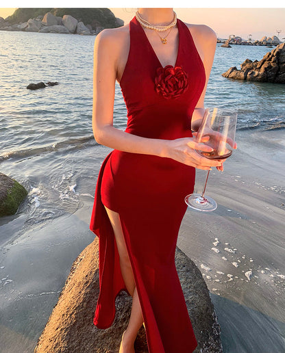 Burgundy Retro V-neck Halter Dress ED01128