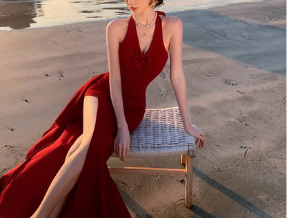 Burgundy Retro V-neck Halter Dress ED01128