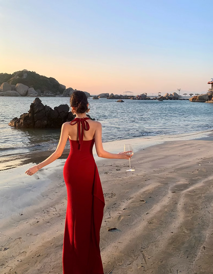 Burgundy Retro V-neck Halter Dress ED01128