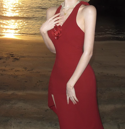 Burgundy Retro V-neck Halter Dress ED01128