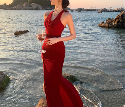 Burgundy Retro V-neck Halter Dress ED01128