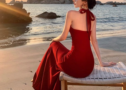 Burgundy Retro V-neck Halter Dress ED01128