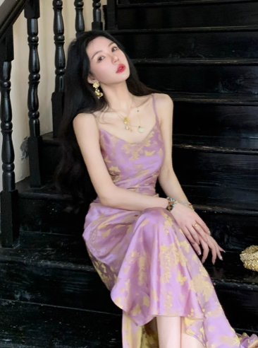 Purple Smoke Gilded Chinese Style New Chinese Satin Large U-neck Waisted Suspender Long Skirt for Women ED0112