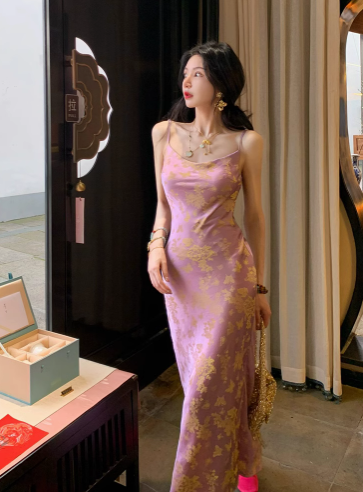 Purple Smoke Gilded Chinese Style New Chinese Satin Large U-neck Waisted Suspender Long Skirt for Women ED0112