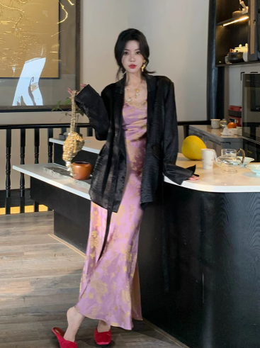Purple Smoke Gilded Chinese Style New Chinese Satin Large U-neck Waisted Suspender Long Skirt for Women ED0112