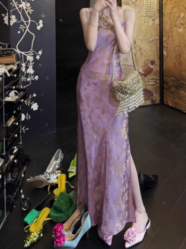 Purple Smoke Gilded Chinese Style New Chinese Satin Large U-neck Waisted Suspender Long Skirt for Women ED0112