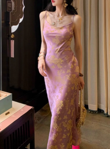 Purple Smoke Gilded Chinese Style New Chinese Satin Large U-neck Waisted Suspender Long Skirt for Women ED0112