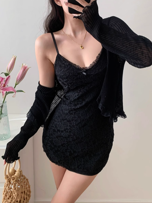 Lace Slim Suspender Short Dress ED01130