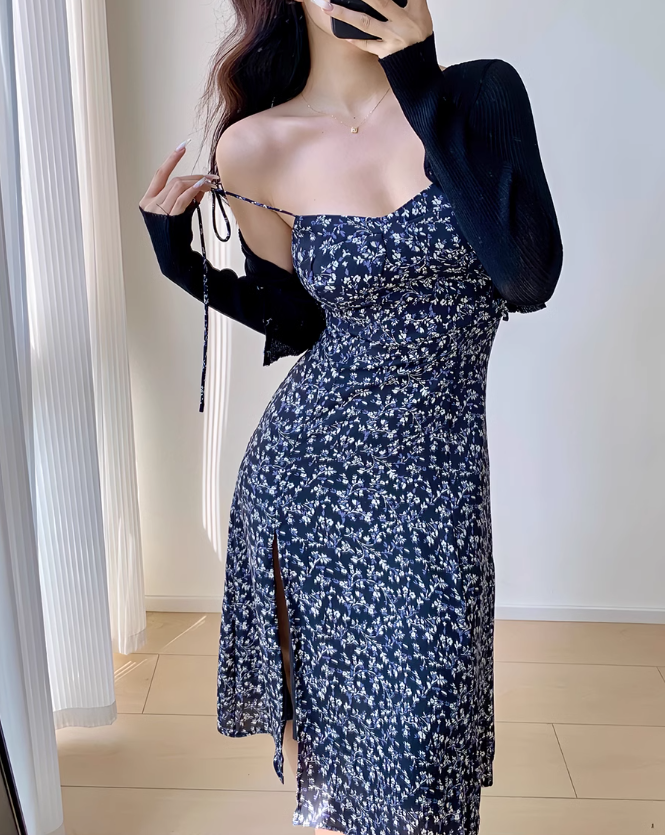 French retro navy blue floral slit suspender dress ED01132