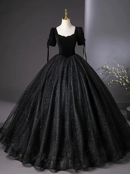 A-Line Tulle Velvet Sequin Black Long Prom Dress, Black Long Evening Dress ED01135