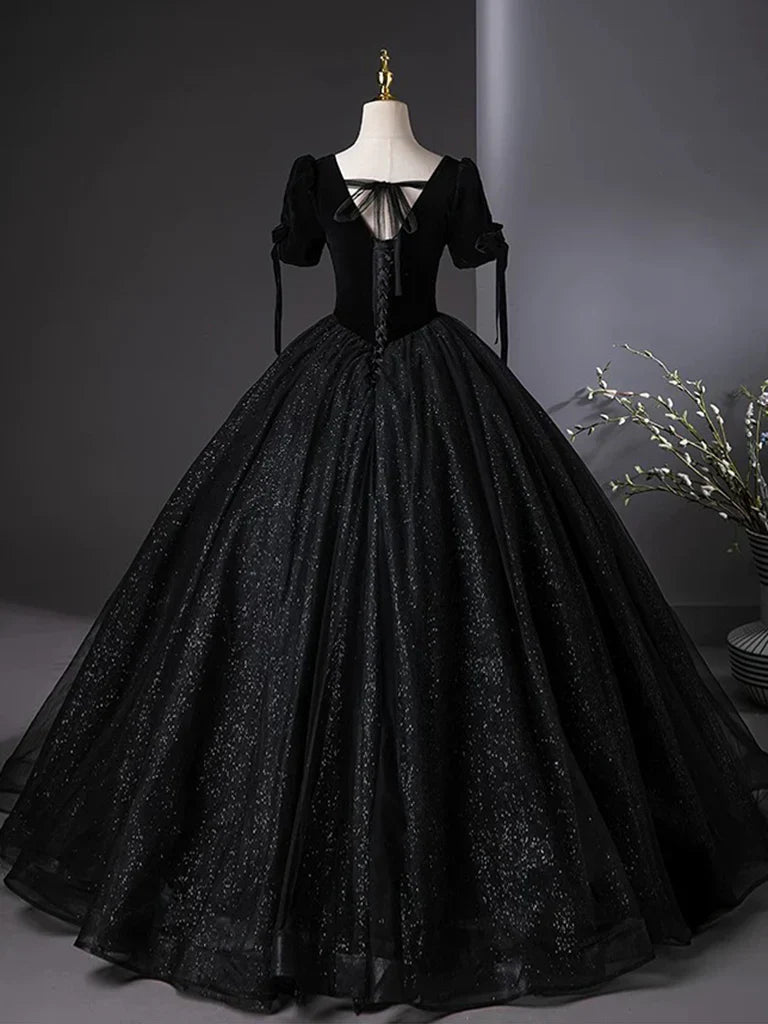 A-Line Tulle Velvet Sequin Black Long Prom Dress, Black Long Evening Dress ED01135