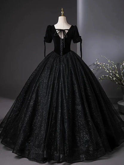 A-Line Tulle Velvet Sequin Black Long Prom Dress, Black Long Evening Dress ED01135