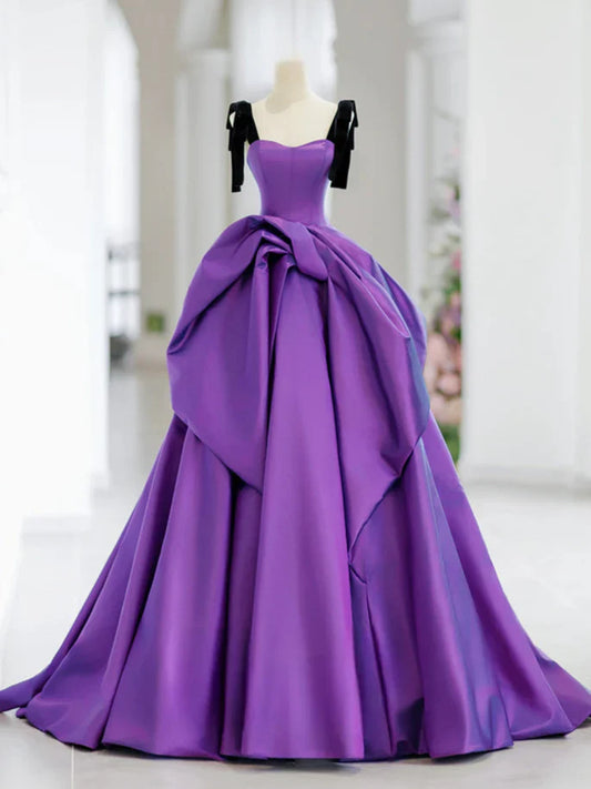 A-Line Sweetheart Neck Satin Purple Long Prom Dress, Purple Long Formal Dress ED01136