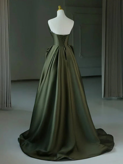 A-Line V Neck Satin Green Long Prom Dress, Green Long Formal Dress ED01138