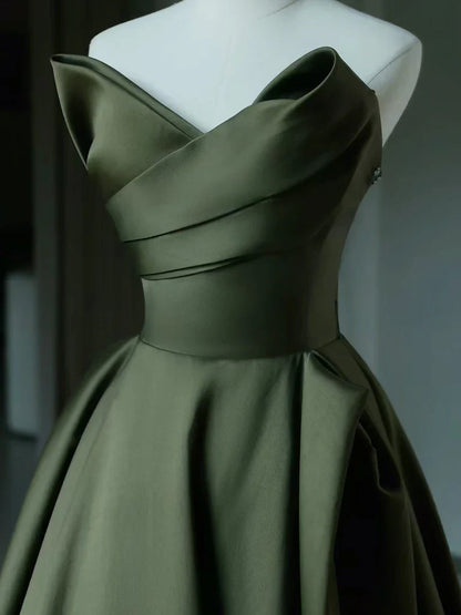 A-Line V Neck Satin Green Long Prom Dress, Green Long Formal Dress ED01138