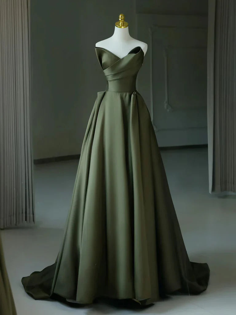 A-Line V Neck Satin Green Long Prom Dress, Green Long Formal Dress ED01138