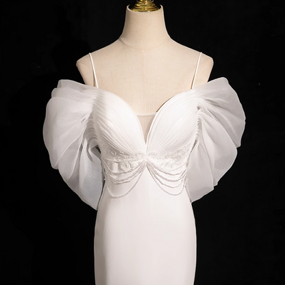 Mermaid V Neckline Satin Tulle White Long Prom Dress, White Wedding Dress ED01139